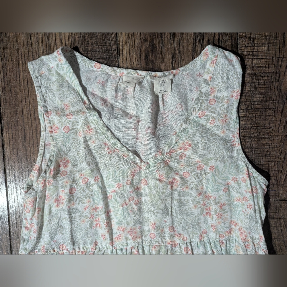 Joie Women's 100% Linen Tiered Summer Dress Size XS Soft Peach & Green On Cream - Picture 2 of 14